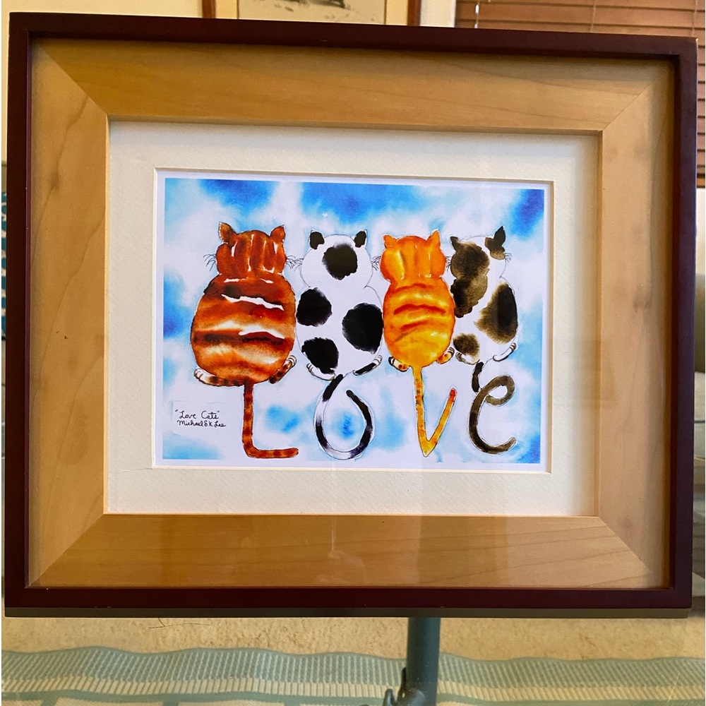Framed Cat Art Print with Love Design
